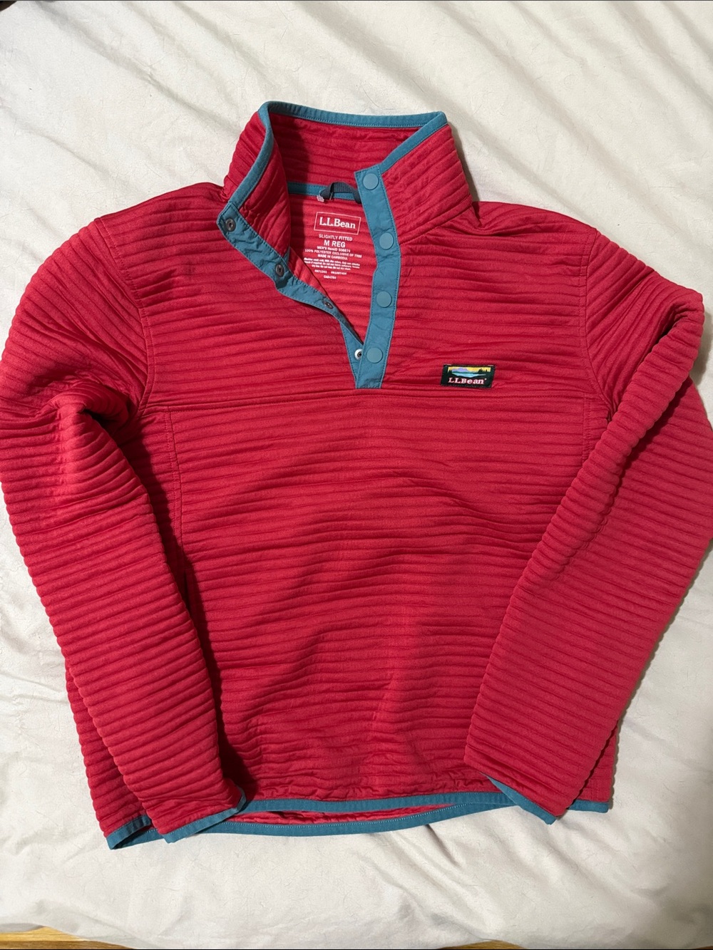 L.L.Bean Red Ribbed Snap Pullover with Teal Trim